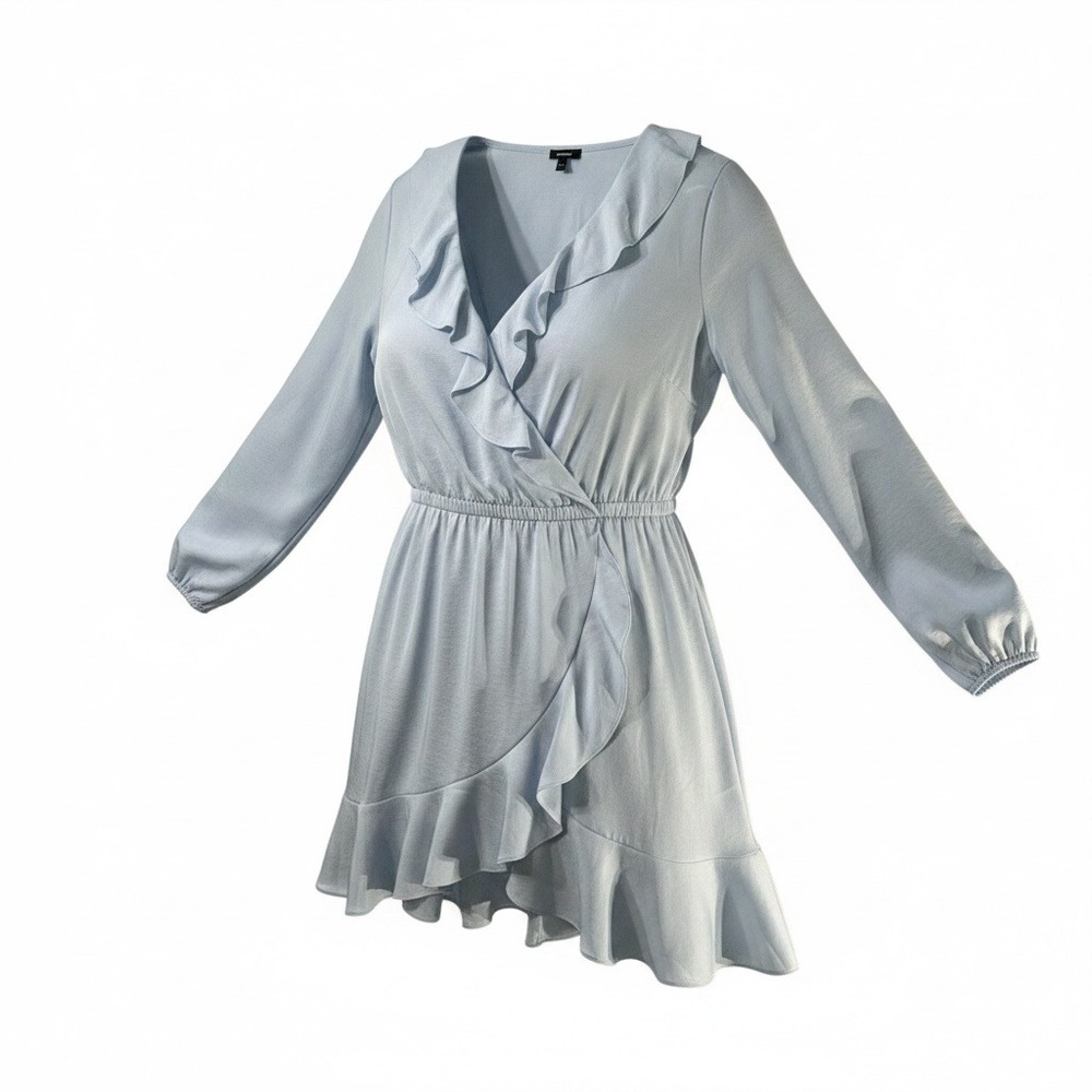 Express Ruffle Wrap Dress Womens Large Light Blue NWT Long Sleeve Mini V-Neck